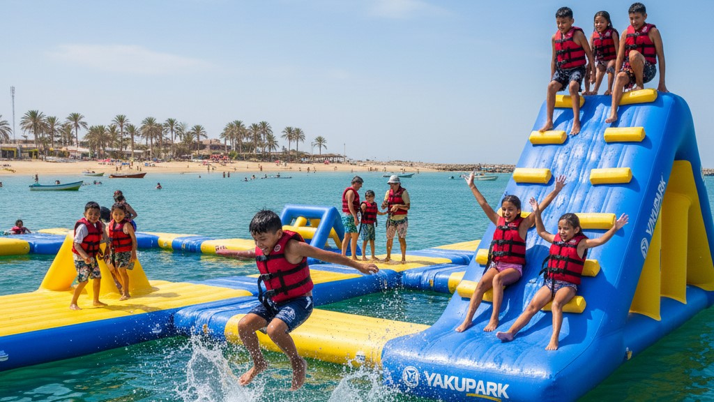 Niños jugando en Yakupark Paracas, parque acuático inflable sobre el mar.