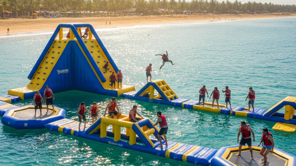 Vista de Yakupark inflable en las aguas turquesas de Órganos, norte del Perú